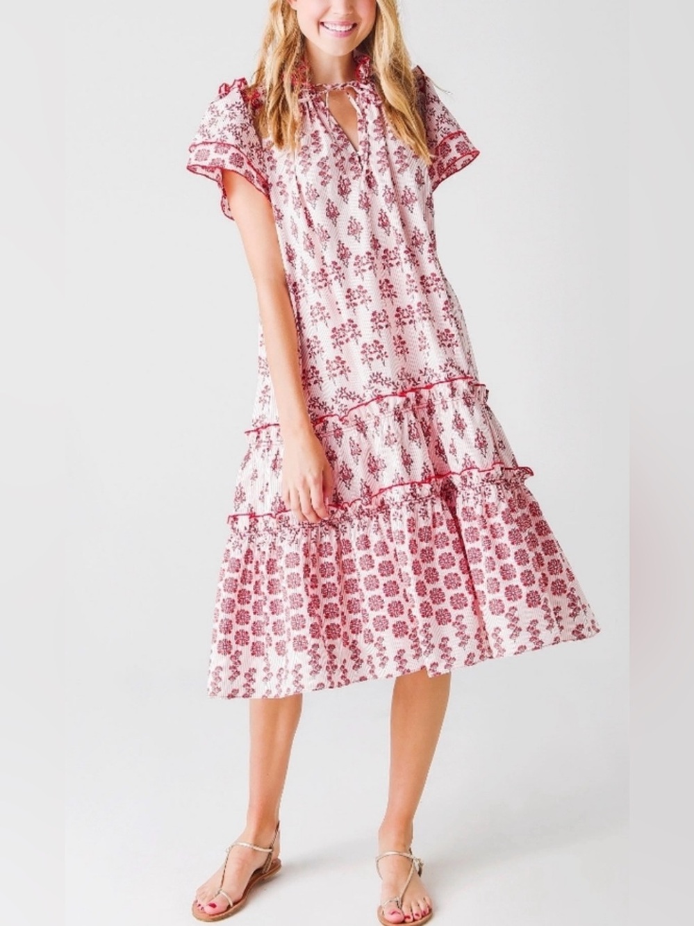 HUNTER BELL Pink and White Floral Tiered Midi Dress